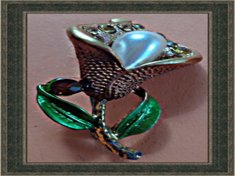 Image 0 of Antique Lily Design Brooch Orange & Green With Brown Crystals & Faux Pearl