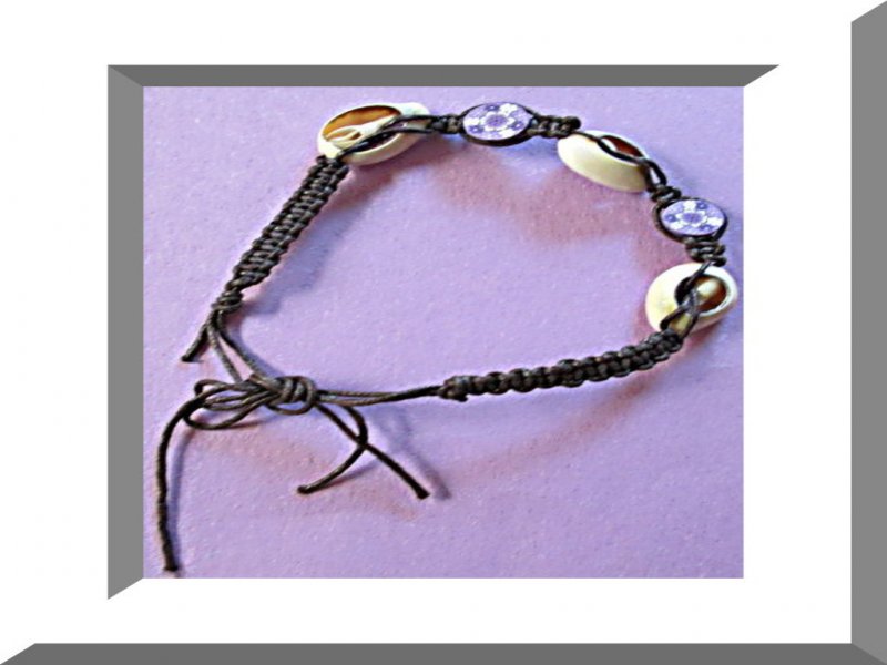 Image 0 of Handmade Black Braided Rope Anklet With Real Seashells & Purple Flower Beads