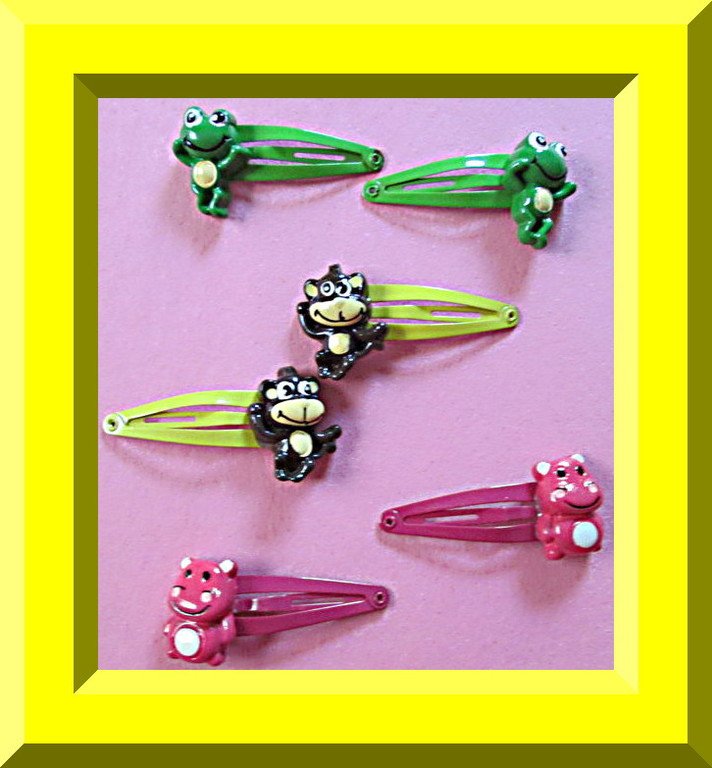 Image 0 of Set Of (3) Three Hair Bows Pink Hippo Green Frog & Brown Monkey Design