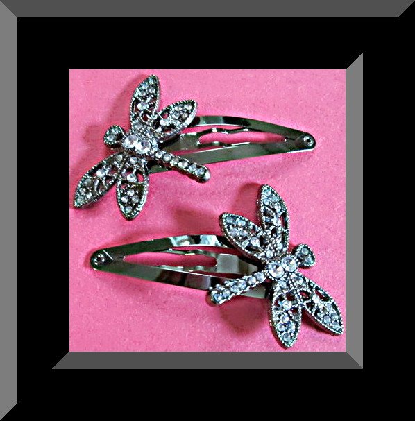 Image 0 of Vintage Black & Silver Tone Dragon Fly Design Hair Bows With Clear Crystals