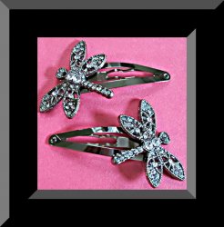 Vintage Black & Silver Tone Dragon Fly Design Hair Bows With Clear Crystals