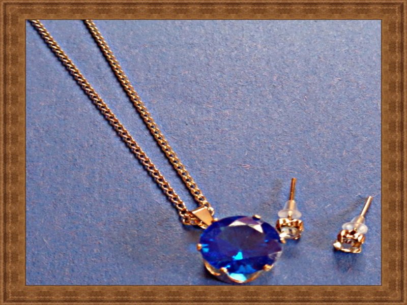 Image 0 of Gold Tone Necklace With Blue Crystals & Clear Crystal Stud Earrings