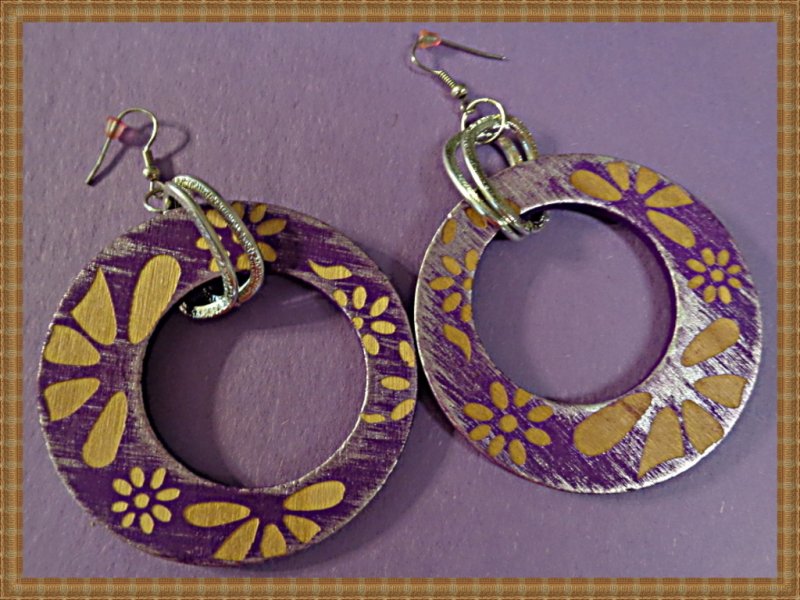 Image 0 of Handmade Round Circle Purple & Brown Earrings With Flower Designs Dangle Style