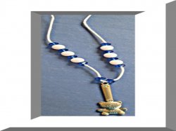 Handmade Exclamation/Teddy Bear Necklace With Blue & White Beads & White Rope 