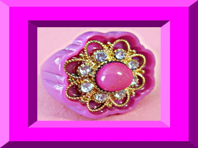 Image 0 of Pink & Gold Tone Flower Resin Design Ring With Clear Crystals Size 9