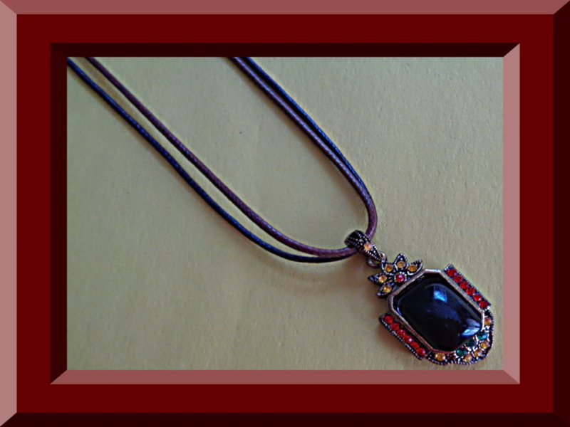 Image 0 of Antique Design Necklace With Colorful Rhinestones Black Bead & Leather Chain