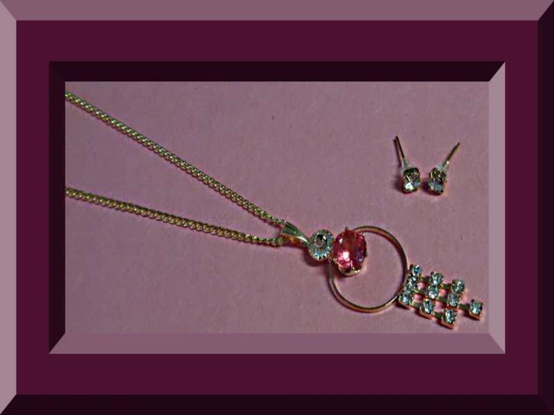 Image 0 of Gold Tone Necklace & Stud Earring Jewelry Set With Pink & Clear Crystals
