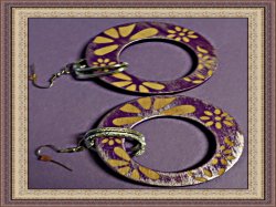 Handmade Purple & Brown Wood Round Circle Dangle Earrings With Flower Designs