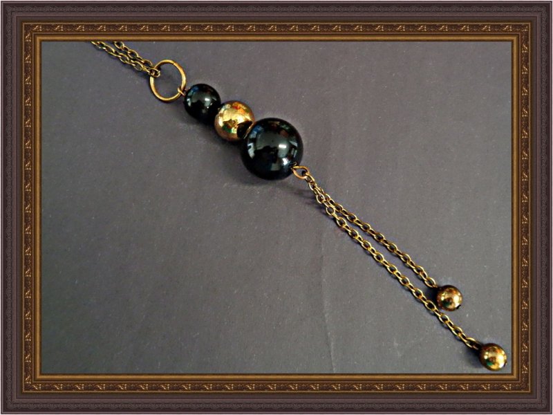 Image 0 of Antique Long Sweater Style Necklace With Gold Tone & Black Beads