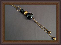 Antique Long Sweater Style Necklace With Gold Tone & Black Beads