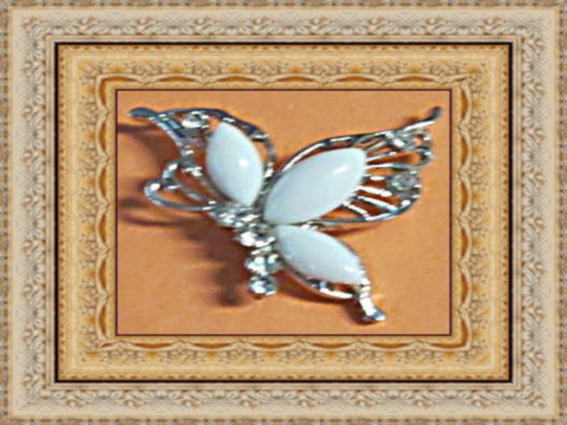 Image 0 of Silver Tone Butterfly Design Brooch With White Beads & Clear Crystals