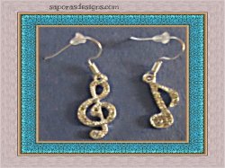 Silver Tone Music Note Design Dangle Earrings With Clear Crystals