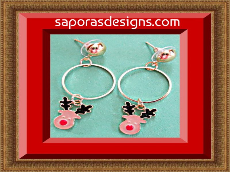 Image 0 of Gold Tone Dangle Rudolph The Red-Nosed Reindeer Design Earrings