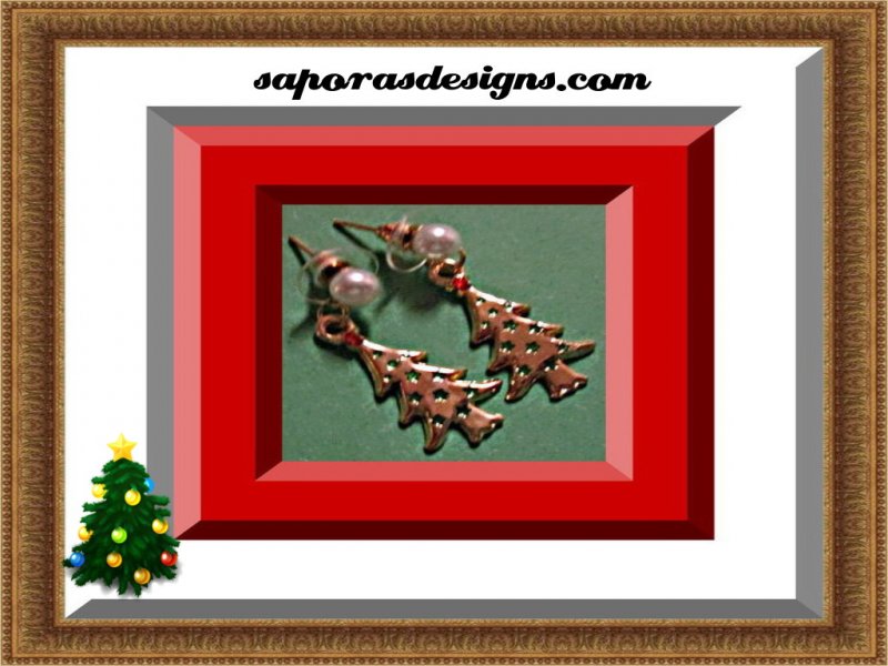 Image 0 of Gold Tone Dangle Christmas Tree Design Earrings With Green & Red Crystals