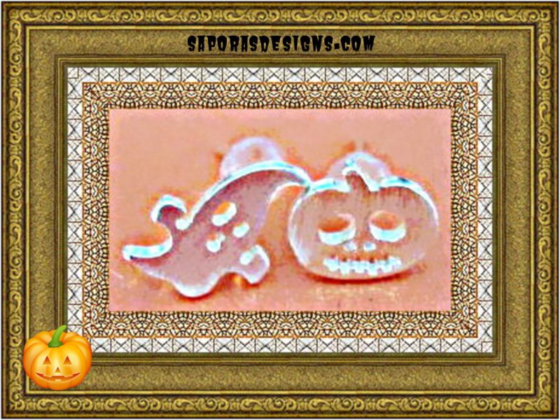 Image 0 of Silver Plated Ghost/Pumpkin Design Stud Halloween Earrings