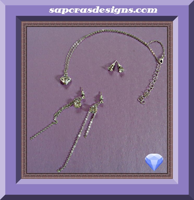 Image 0 of Silver Tone Necklace Dangle & Stud Earrings Jewelry Set With Clear Crystals