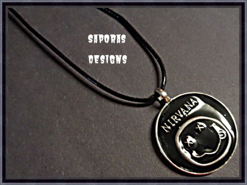 Image 0 of Silver Tone & Black Nirvana Design Necklace With Black Rope Chain Unisex
