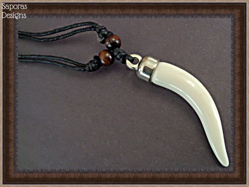 Image 0 of Handmade Wolf Tooth Design Necklace With Brown Beads & Black Rope Chain Unisex