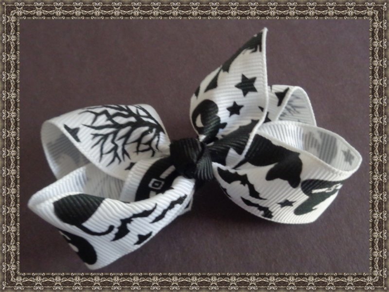 Image 0 of Black & White Halloween Design Hair Bow With Pumpkins Witch Hats & Bats