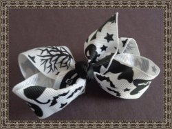 Black & White Halloween Design Hair Bow With Pumpkins Witch Hats & Bats