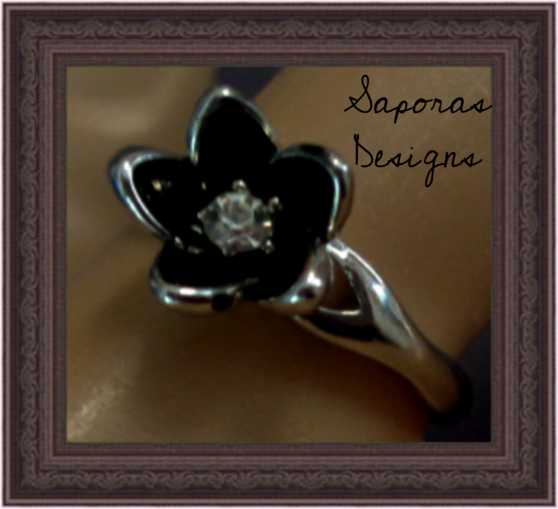Image 0 of Silver Plated Black Flower Design Ring Size 7 With Clear Crystal