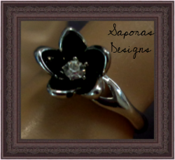 Silver Plated Black Flower Design Ring Size 7 With Clear Crystal