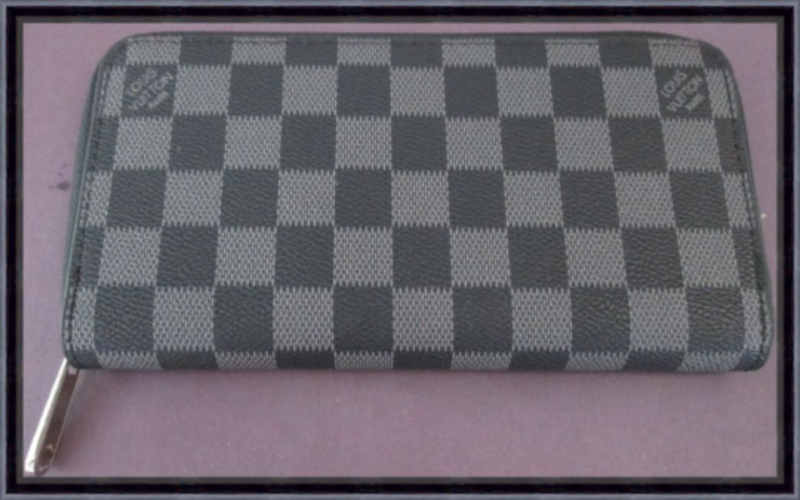 Image 0 of Black & Gray Checkered Long Zippy Leather Classy Luxury Wallet For Women 