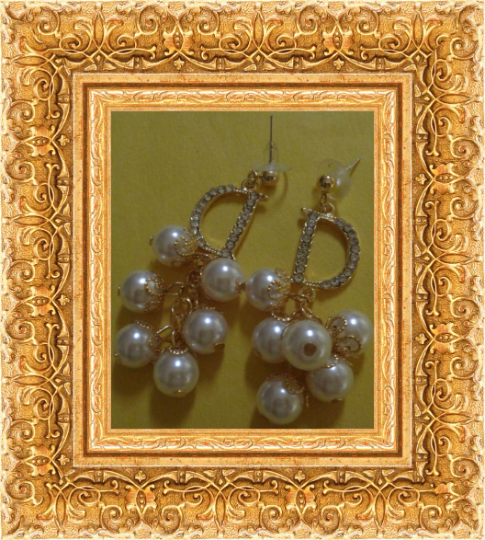 Image 0 of  Gold Tone Dangle Earrings With Faux Pearls & Clear Crystals 