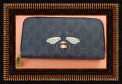  Black Leather Long Zippy Wallet With Bee Design Gold Tone Finish
