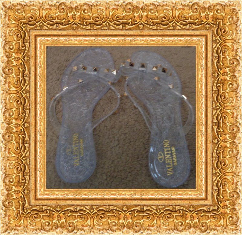 Image 0 of Clear Flip Flop Sandals With Bow & Gold Tone Studs Size 8.5 Classy
