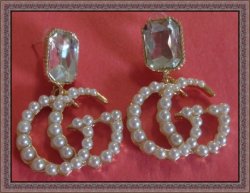  Gold Tone Dangle Earrings With Clear Crystal & White Faux Pearls 