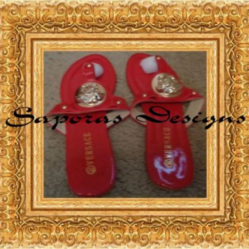 Image 0 of  Red & Gold Thong Sandals For Women Size 7.5