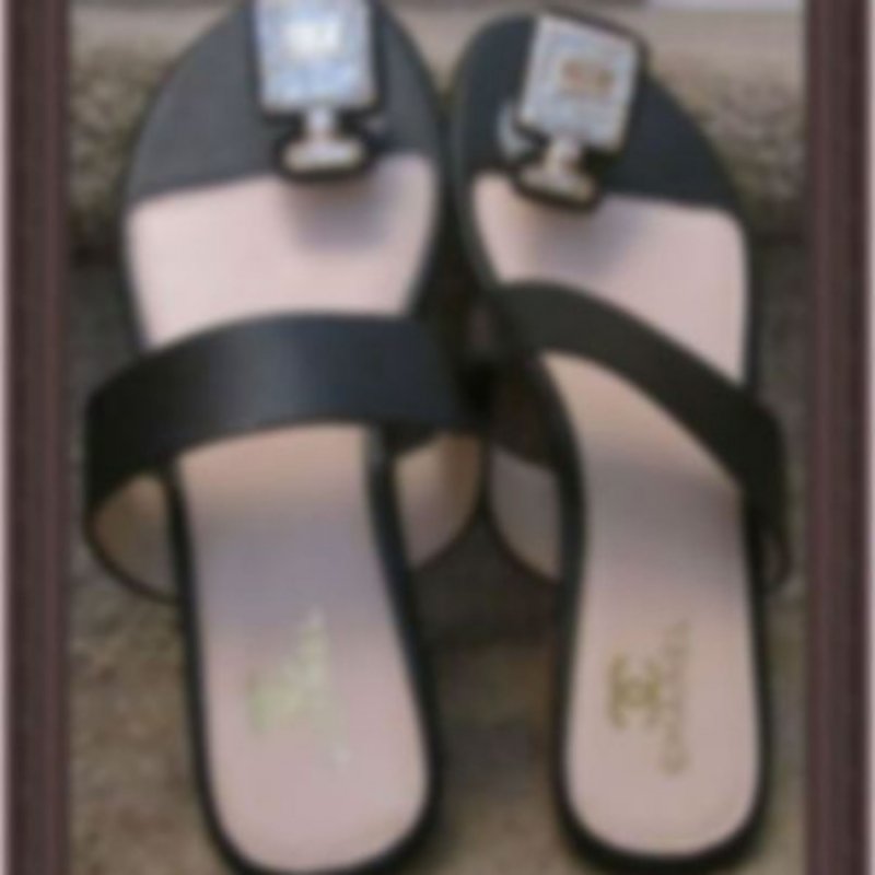 Image 0 of  Black Leather Sandals Size 7 With Clear Crystals