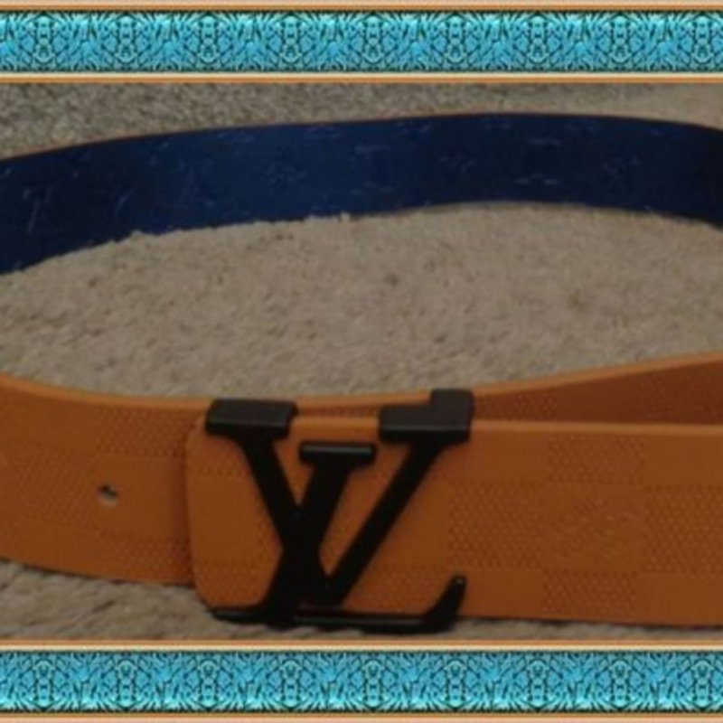 Image 0 of LV Logo Men's Fashion Leather Belt Brown & Blue Size 37-40 With Black Buckle