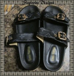 LV Logo Black Leather Fashion Sandals Size 7 For Teens/Women