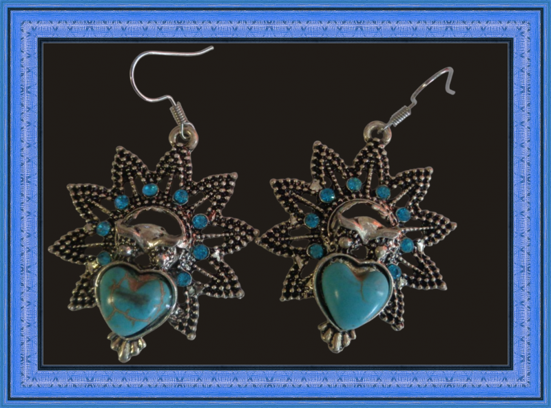 Image 0 of Tibetan Silver Owl Theme Dangle Earrings With Turquoise & Blue Crystals