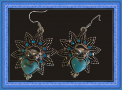 Tibetan Silver Owl Theme Dangle Earrings With Turquoise & Blue Crystals