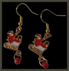 Santa Claus With Sleigh Theme Dangle Earrings Gold Tone Red Green & White In Col