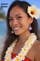 Purple White & Yellow Hawaiian Theme Flower Dangle Earrings