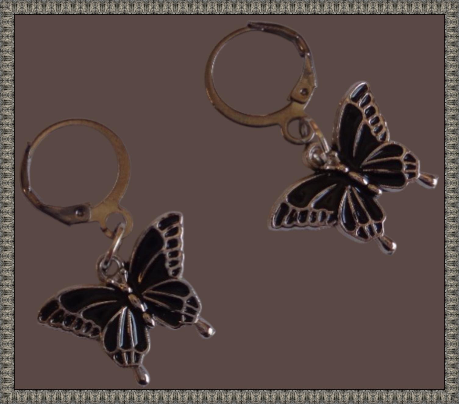 Image 0 of Silver Tone & Black Dangle Butterfly Theme Handmade Earrings For Kids/Teens