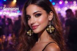 Gold Tone & Black Round Circle Dangle Earrings