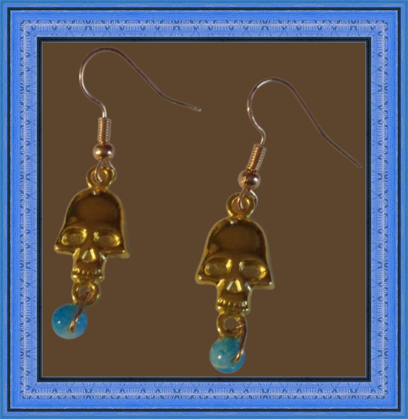 Image 0 of Gold Tone Skull Theme Dangle Earrings With Blue Bead Biker Gothic Punk Rock Styl