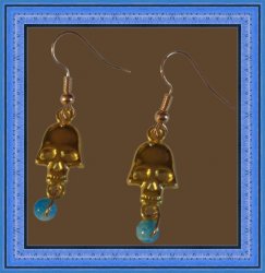 Gold Tone Skull Theme Dangle Earrings With Blue Bead Biker Gothic Punk Rock Styl