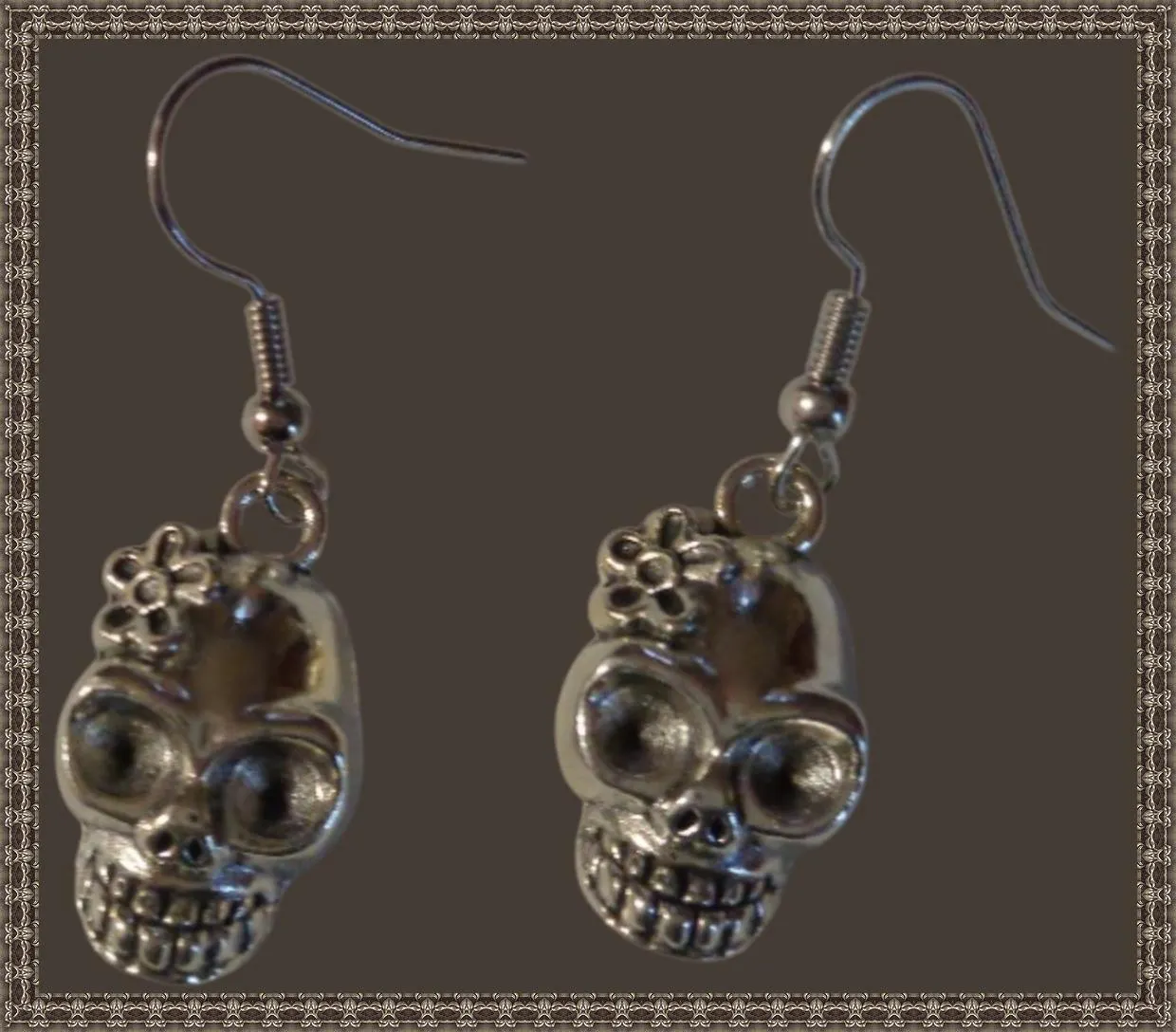 Silver Tone Skull Theme Dangle Earrings Biker Gothic Chic Punk Rock Style