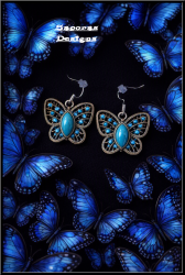Tibetan Silver & Turquoise Butterfly Theme Dangle Earrings With Blue Crystals