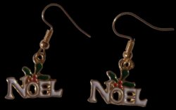 Gold Tone Red Green & White Noel Christmas Mistletoe Theme Dangle Earrings