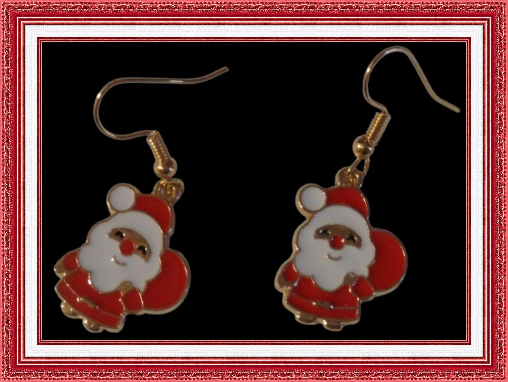 Gold Tone White & Red Santa Claus Theme Dangle Earrings
