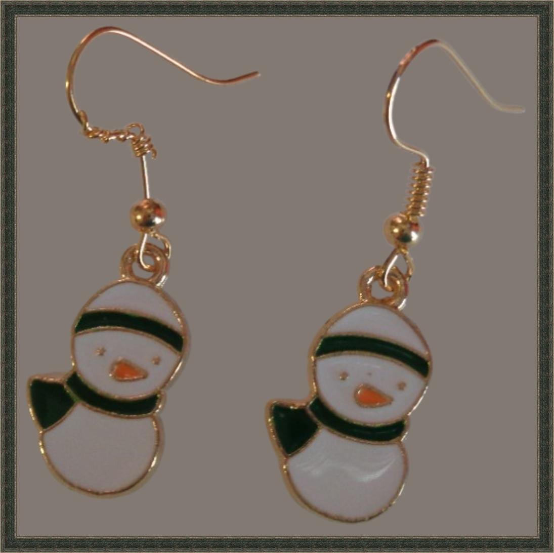 Image 0 of Gold Tone White Green & Orange Snowman Theme Dangle Earrings
