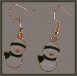 Gold Tone White Green & Orange Snowman Theme Dangle Earrings