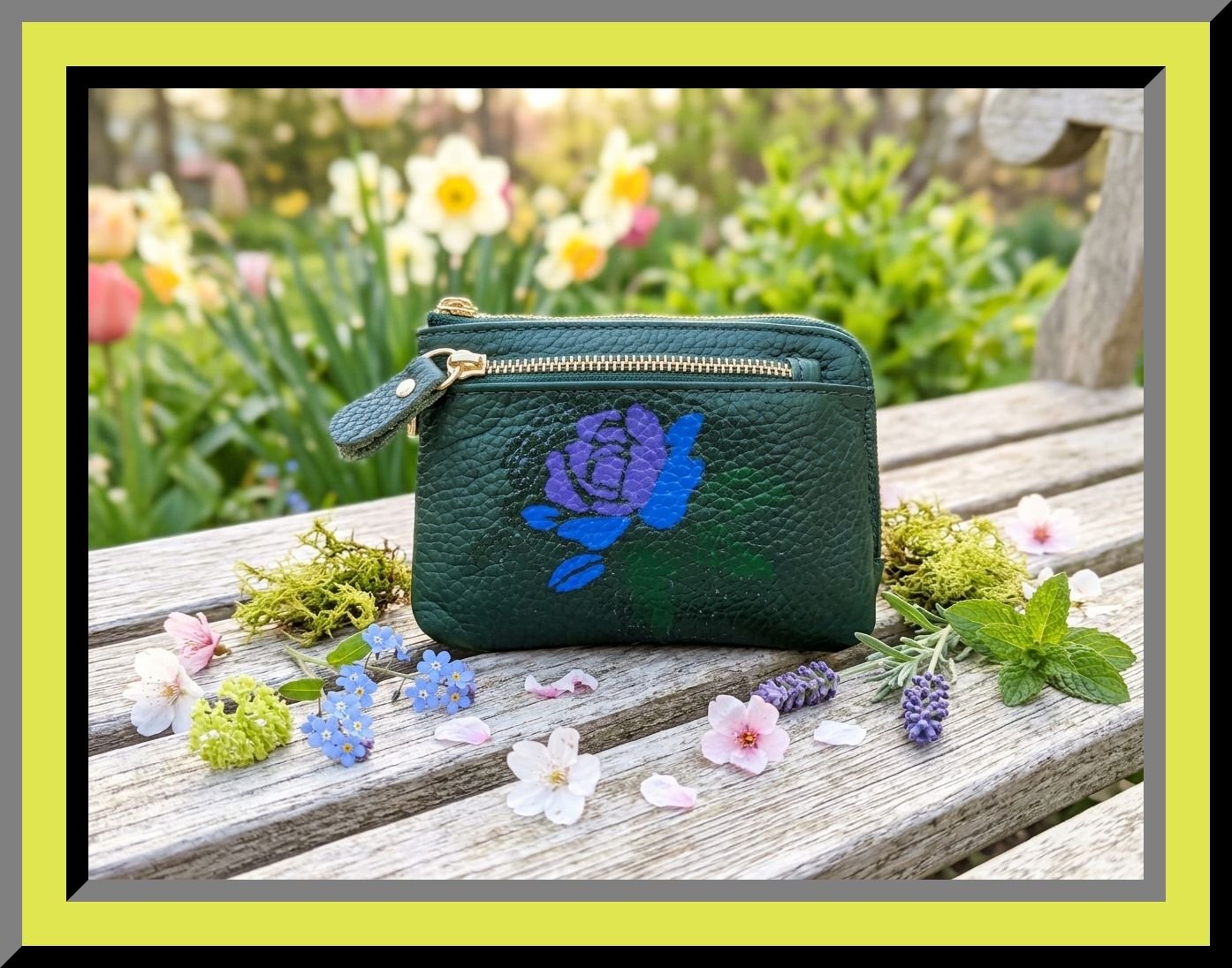 Image 0 of Green Leather Hand Painted Flower Theme Zippy Mini Wallet